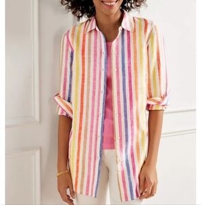 Talbots Linen Boyfriend Button Down Shirt - Rockport Stripe Multicolor Large P